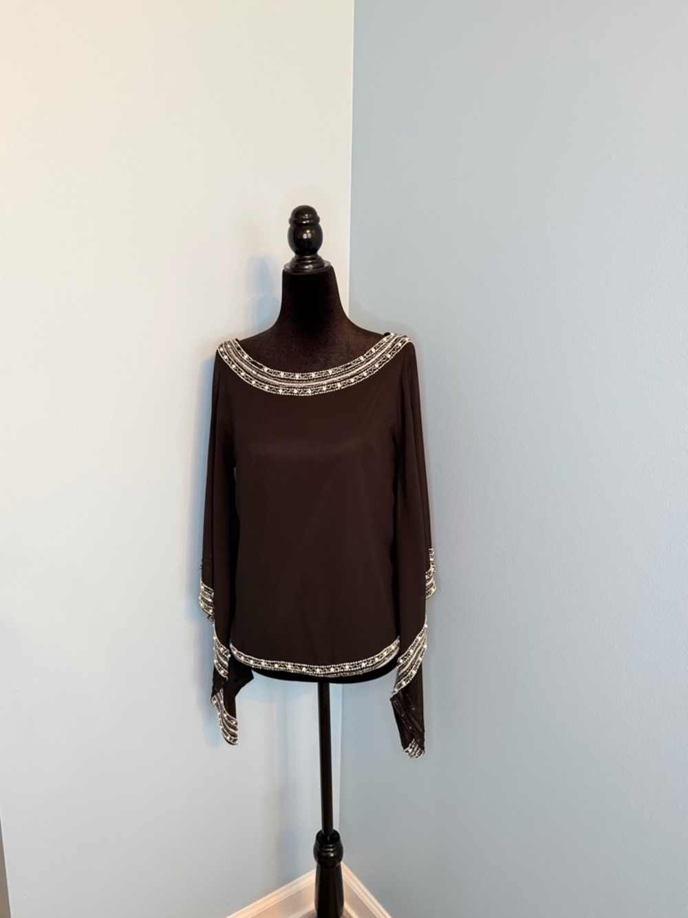 J Kara Black Long-Sleeve Top with Silver Embellished Trim